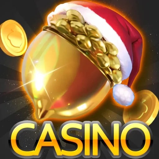 Golden acorn casino logo with a festive Santa hat and gold coins in the background.